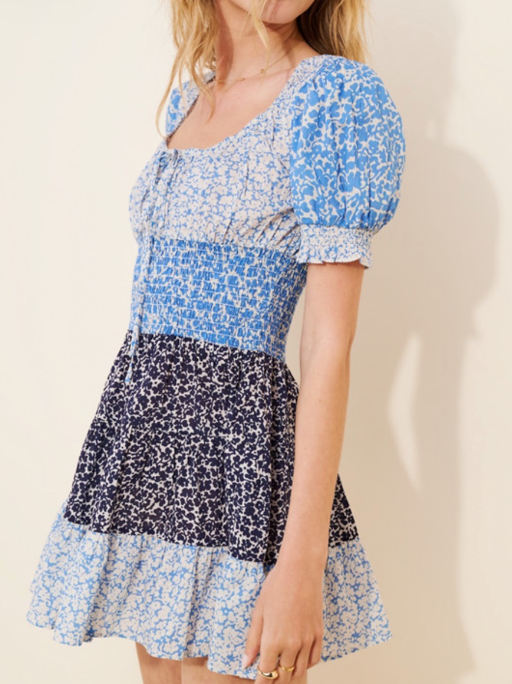 Anthropologie Floral Puff-Sleeve Smocked Waist Mini Dress